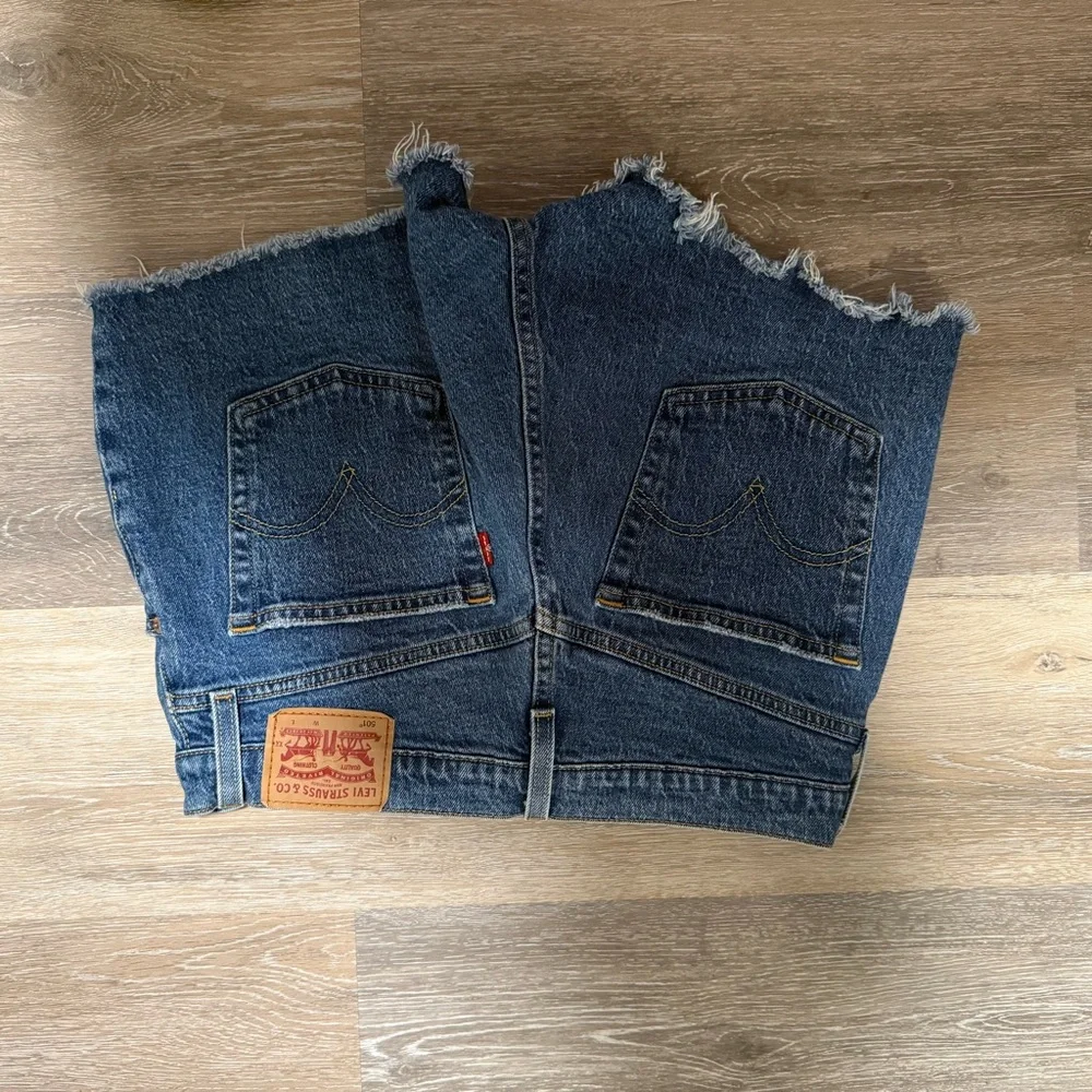 Frayed Hem Dark Blue Denim Shorts - Women's Jean Shorts - Picture 2 of 2